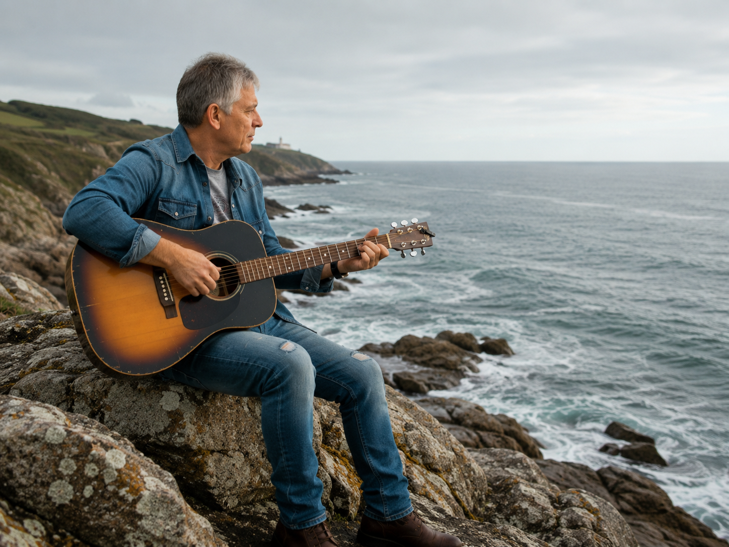 Xabi Martin tocando la guitarra en la costa atlántica